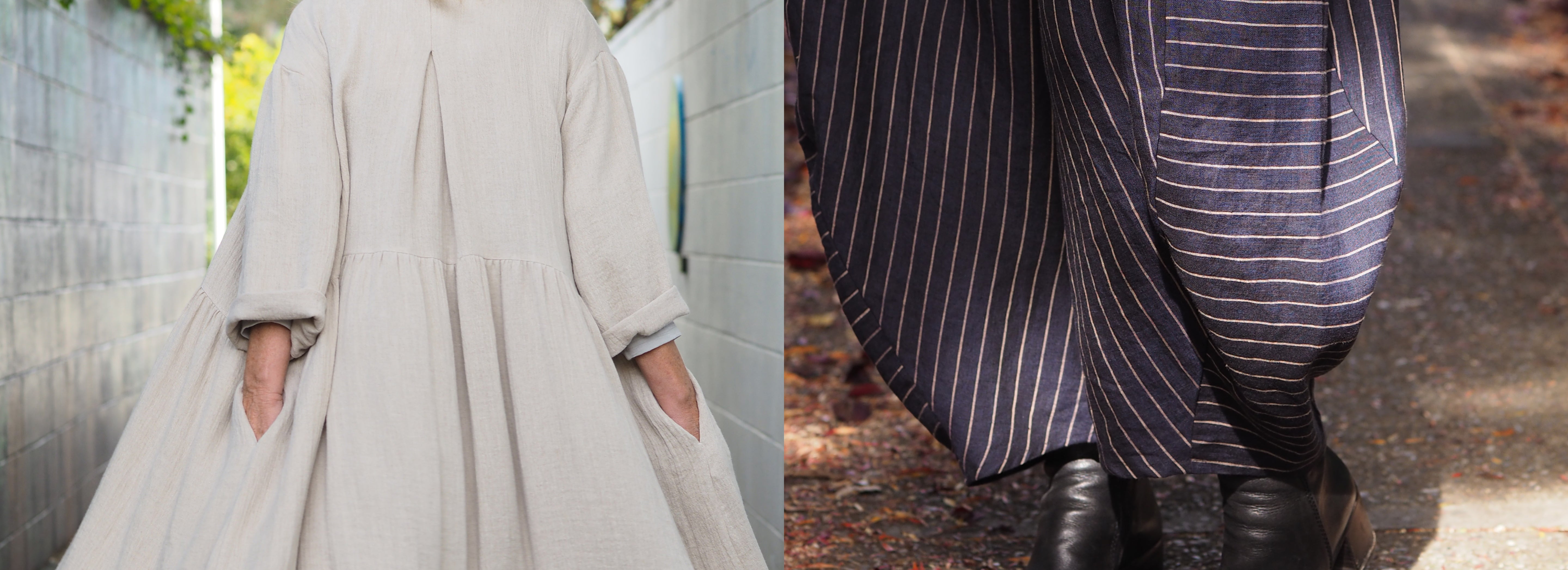 Close -up of a pair of linen pants and dress, made from natural and sustainable  fibers from the designer fashion brand, Rogue Linen.