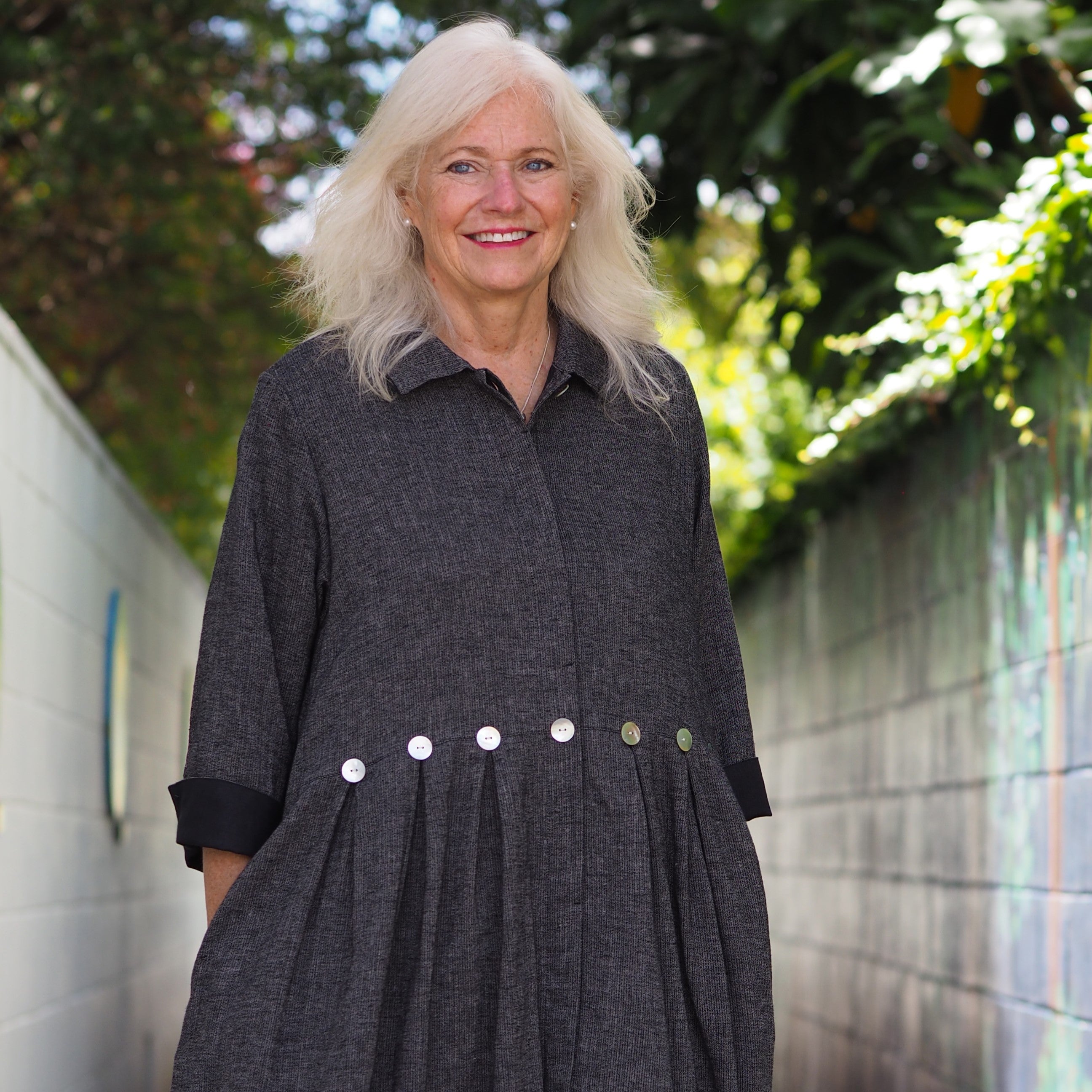 button up linen coat dress featuring natural shell buttons 